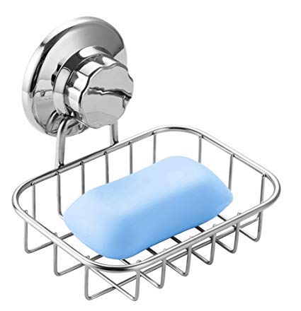 Slideep Vacuum Suction Soap Dish Holder, Rustproof Stainless Steel Shower Soap/Sponge Saver Holder for Bathroom & Kitchen Sink