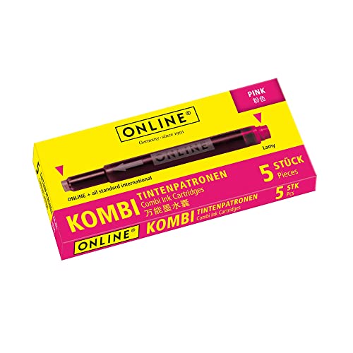 Online Double-Sided Pen Ink cartridges, Universal Pen Refills, Compatible with All Common Fountain pens, Even Lamy pens - 5 Spare cartridges - Colour Pink