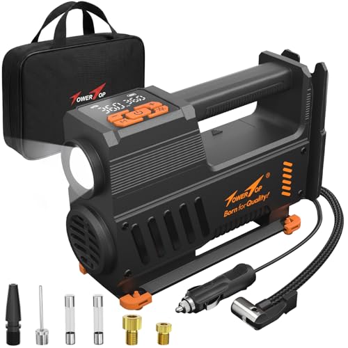 TowerTop Tyre Inflator Air Compressor: 5X Faster Heavy Duty 12V Car Tyre Pump, Auto-Stop & Memory, High Precision Gauge, 500lm LED Torch, 3.5M Cord, All-in-One Design 30S Fast Inflation with Handbag