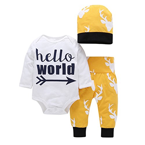 Gprince 3pcs Baby Boys Clothes Set, Infant Fawn Printing Cotton Long Sleeve Top Pants and Hat Set - Yellow