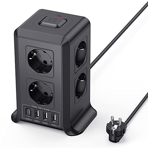 Sameriver 5M Tower Power Strips Sockets, USB Power Strip 8 AC Outlets and 4 USB Multiple Plug, 2500W/10A, Power Strip Sockets Surge Protection, Vertical Strips with Switch for Table, Home, Black