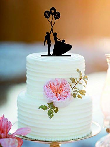 ValentineFDSw Bride and Groom Hold Ballons with Personalized Initials Wedding Cake Toppers Acrylic Vintage Keepsake Party Decor Cake Topper