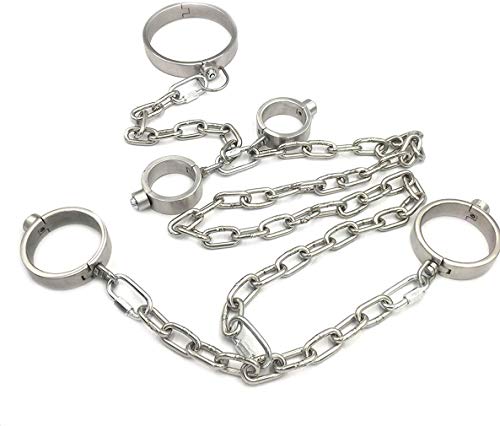 LI yuan SM Bondage Set, Collar/Handcuffs/Ankle, Fetish Bedroom Fun SM Toys, Press Lock, Stainless Steel Bondage Kit Adult Games Slave Tools,3in1+Chain