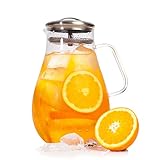 Cold/Hot Borosilicate Glass Tea Pitcher for Ice Water, Beverage, Drinks | Stainless Steel Lid | Handle & Strainer - 64 oz