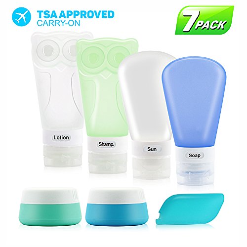 Portable Silicone Travel Bottles Set 7 Pack,Leak Proof Containers Set,BPA Free TSA approved,by Mooker (7, Blue,White and Green)