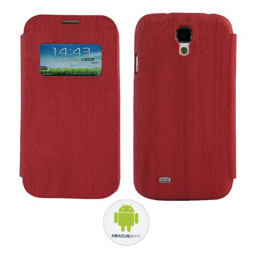 Abacus24-7 S View Wood Pattern PU Leather Flip Cover Folio Case for Samsung Galaxy S4 SIV I9500 with NFC Tag (Red)