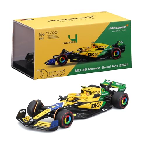– McLaren MCL38#4 Lando Norris Monaco GP 2024 Senna 30th Anniversary, Diecast-Modell im Maßstab 1:43 mit Helm und Vitrine, Sonderlackierung, offizielle McLaren-Lizenz, ab 14 Jahren