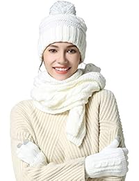 Warm Scarf Glove Hat Beanie Set - Cable Knit Winter Gift Set Pom Cap Touch Screen Glove Long Scarf 3 PCS Set for Women