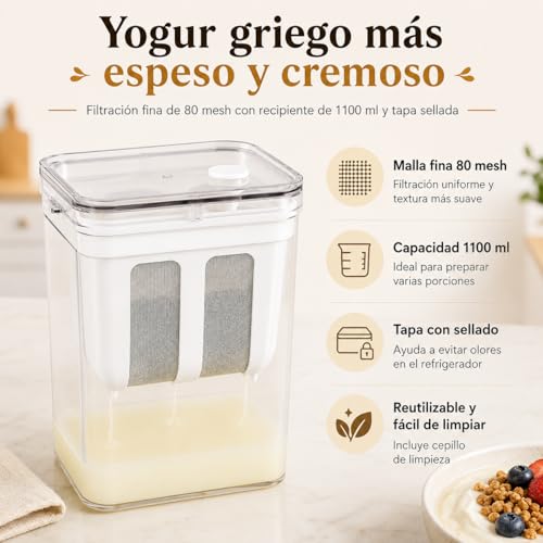 Colador para Yogur Griego 1100ML con Tapa, Filtro Reutilizable para Yogurt, Kefir y Queso, Colador Multiusos para Leche Vegetal, Café y Té, con Telas Filtrantes y Cepillo
