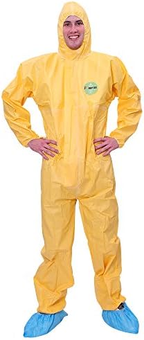 Raytex Yellow Disposable Chemical Protection Coveralls with Hood Elastic Cuffs Serged Seam Front Zipper Closure Suits for Hazardous Processing Cleaning Workwear 2XL