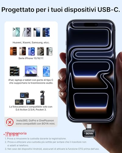 BOYA MINI 2 Microphone for iPhone 15/16/17, Android, Wireless Microphone, 5g, 48kHz/24Bit, 100m, Lavalier USB-C Microphones, 30 Hours, Wireless Microphones for Social Video, Vlogging, YouTube, Streaming