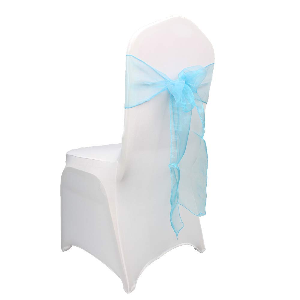Trimming Shop 50pcs 17x280cm Aqua Blue Organza Sashes Wider Sash Fuller Bow Chair Cover Bow Sashes for Wedding, Birthday, Reception, Anniversary Party Decoration