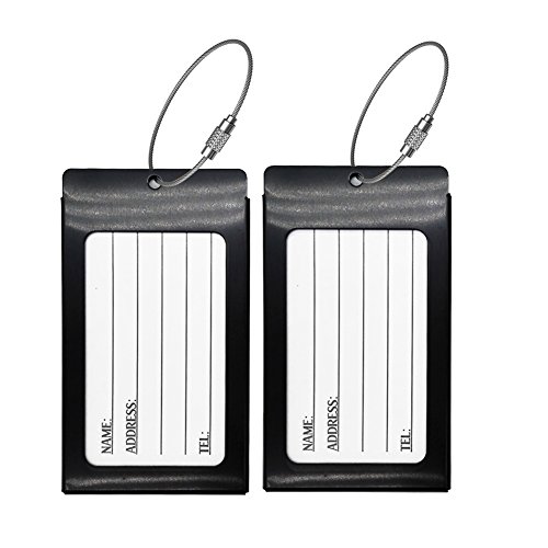 Pack of 2 Luggage Tags, Aluminum Metal Travel ID Tag Business Card Holder Name Address Identifier Labels Suitcase Label with Steel Cable for Baggage Bag, Black