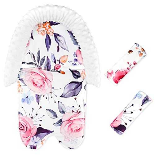 Pea Pod Baby Car Seat Head Support and Body Support with 2 Strap Covers, Ultra Soft Warm Minky Dot Fabric Backing, Baby Essential for Newborn, Stylish Floral Printed