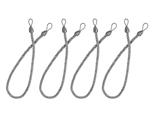 Home Queen Rope Tie Backs for Window Curtain with 4 Metal Screw Hooks, Hand Knitting Buckle Cord Drapery Holdbacks, Set of 4, Grey