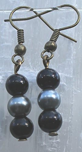 Black &amp; Gray Glass Pearl with Bronze-Tone Antique Look Fish Hook Earrings