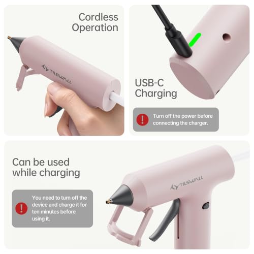 Tilswall Cordless Hot Glue Gun, Fast Preheating with 2Ah Built-in Battery | 90s Fast Preheating, Glue Gun and Sticks Set (7×140mm), Hot Melt Glue Gun Ideal for Crafts, DIY Making, Repairs W106s Pink