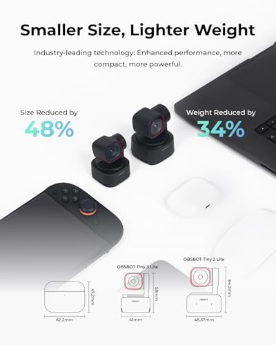OBSBOT Tiny 3 Lite AI-Powered Spatial Audio 4K Webcam - Compact AI Tracking PTZ Camera with 1/2" Sensor, Tri-Mic, Voice Control, 120FPS, HDR, Webcam for PC, Mac, Laptop, Streaming, Meeting, Switch 2