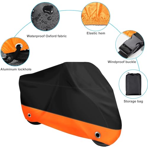 EASYBUYTECH Motorcycle Cover,Motorbike Cover All Season Universal Weather Waterproof Sun Outdoor Protection with Lock-Holes & Storage Bag,Black and Orange 4XL Motorcycles Vehicle Cover