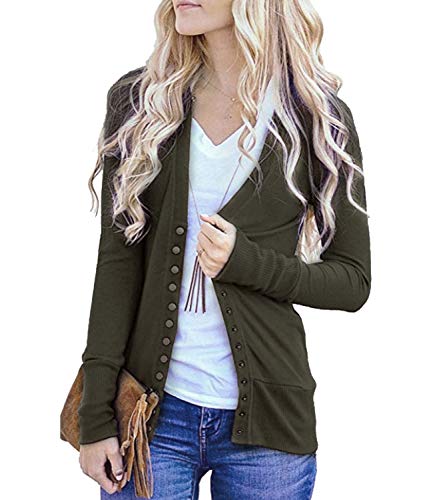 Women's V-Neck Solid Button Down KnitwearSoft Basic Long Sleeve Knit Snap Cardigan Sweater Light Olive 2XL