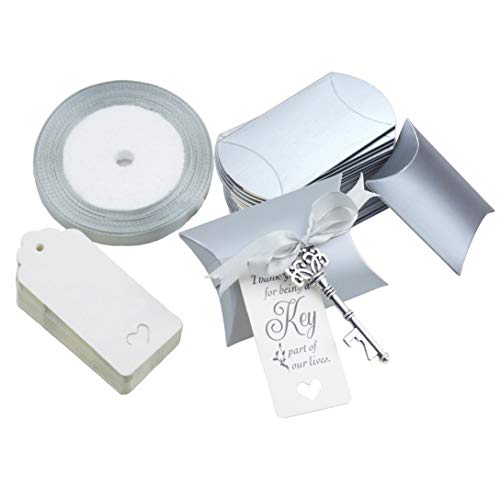 Aokbean 50pcs Wedding Favor Souvenir Gift Set Pillow Candy Box Vintage Skeleton Key Bottle Openers Escort Gift Card Thank You Tag French Ribbon (Silver) - Thumbnail 7