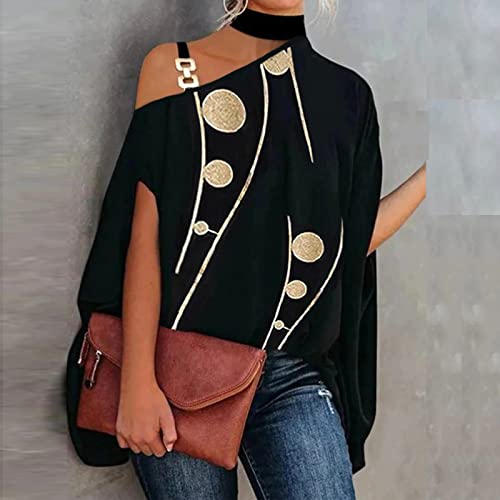 One Shoulder Shirts for Women Batwing Sleeve Metal Chain Straped Halter Off The Shoulder Tops Print Vintage Blouse Tee