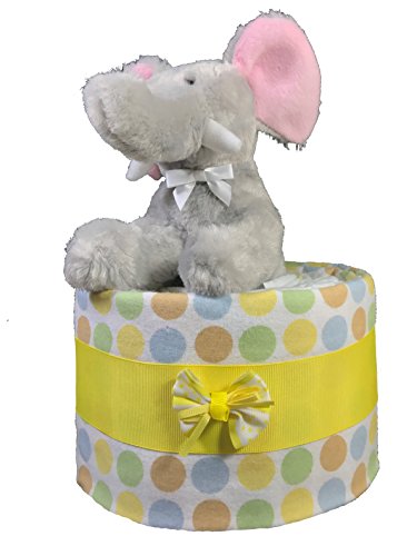 Baby Shower Mini Diaper Cake or Centerpiece with Pampers Swaddlers Diapers - Plush Elephant with Receiving Blanket and Johnson and Johnson Baby Powder