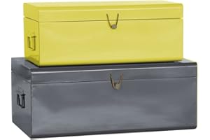American Atelier Daven Decorative Metal Box Trunks | Set of 2 | Vintage Style Storage with Loop Closures | Space Saving Organizer for Home Toy Box, College Dorm, & Office Use (Yellow & Charcoal)