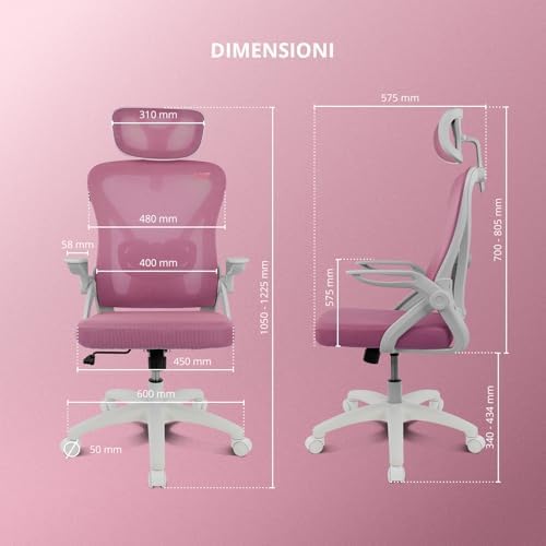 DRAIR35 – Sedia da Scrivania Ergonomica per Ufficio e Casa in Rete Tesa Traspirante, Reclinabile 90-120°, Poggiatesta e Braccioli Pieghevoli, Supporta fino a 120 kg, Rosa-Bianco