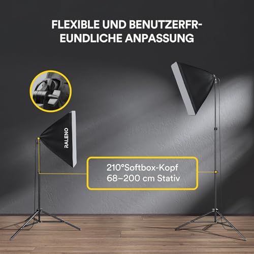 RALENO Studio Softbox Lighting Kit Photography, 2 x 50 x 50 cm Continuous Lighting Equipment with 50W LED Bulb, Universal Tripod Mount, Fabric Bag for Photo Studio Equipment