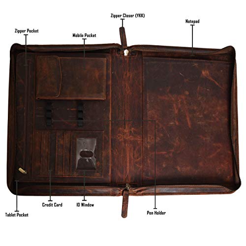 Leather Business Padfolio Portfolio for Men - Professional Executive Zippered Binder Folder 13.5 x 11 Inches Notepad Folio School Organizer for Women (Brown Crazy Horse)