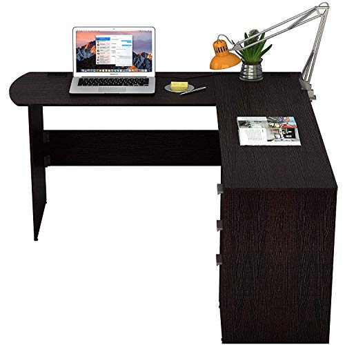 SHW LShaped Home Office Wood Corner Desk with 3 Drawers, Espresso Pricepulse