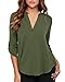 roswear Women's Chiffon V-Neck Business Casual Blouse Work Tops with Cuffed Sleeves Army Green Small