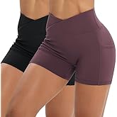 Workout Shorts for Women 2 Pcs Pack Cross Waist Active Gym Spandex Stretchy Yoga Compression with Side Pockets Black and Burgundy, Size Large