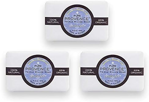 Pure Provence Natural and Organic Triple Milled French Lavender Soap | Organic Shea Butter | Luxury Full-Size Bars | 100% Vegetable Based | Relaxing | 5.3 oz (150g) Soaps (3 Bars)