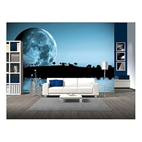 Night Landscape with Moon and Lake - Removable Wall Mural | Self-Adhesive Large Wallpaper - 66x96 inches