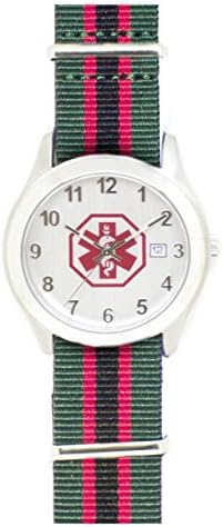 Hypoallergenic Medical Watch Case with Striped Green/Red/Black Nato Nylon Band