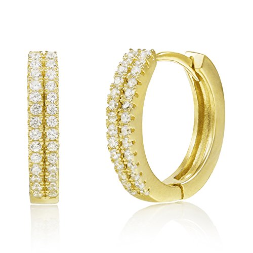Spoil Cupid Yellow Gold-Plated Sterling Silver Double Row Cubic Zirconia Huggie Hoop Earrings