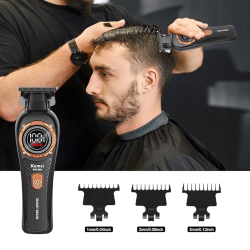 KEMEI 999 Professional Hair Clippers for Men, Cordless Electric Beard Trimmer for Men, New DLC Zero Gapped T-Blade Hair Trimmer with LED Display and 3 Guide Combs (Black)