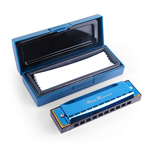 Blues Harmonica with Black Case (Blue), 10 Holes, 20 Tones, Key of C Blues Harmonica Stainless Steel, Suitable for Beginners and Professionals Players, Best Gift for Kids, Students, Friends