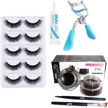 ClubComfort 5 Pair Eyelash, 1 Eyelash Glue, 1 Eyelash Curler, Gel eyeliner Black & Brown