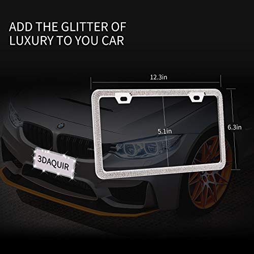 Delixike Bling Rhinestone Thin Border White License Plate Frame for Women Men, Luxury Handmade Waterproof Stainless Steel Licence Plate Frames for Front Back License - Thumbnail 5
