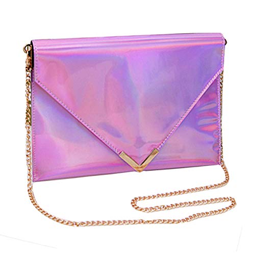 Buddy Women Fashion Holographic Envelope Clutch Handbag Chain Crossbody Shoulder Bag Tote Purse (Pink)