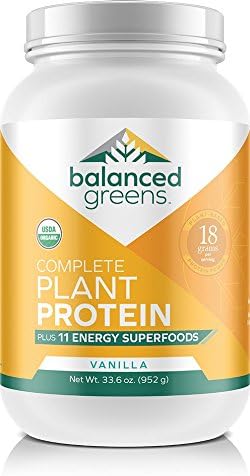 Plant Based Protein Powder Plus Green Superfoods by balanced greens, All in One Nutritional Protein Shake, Raw, Organic,Vegan, Gluten-Free, Probiotics, Vanilla 34 Servings