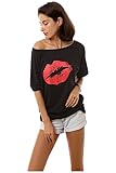 Aifer Women's Sexy Lips Print Off the Shoulder Loose Blouse Top T-shirt