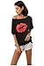 Aifer Women's Sexy Lips Print Off the Shoulder Short Sleeve Loose Blouse Top T-shirt
