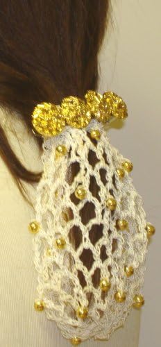 Hand Crocheted Ivory Gimp with Ivory Pearls Dress Snood on Three Gold Plated Buttons on French Barrette Hair Clip for Women and Teens