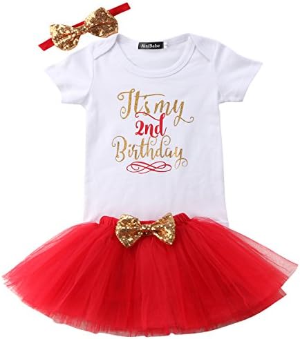 Flower Tiger Baby Girl Newborn It's My 1st/2st Birthday 4 Pcs Outfits Romper+Skirt+Headband+Leggings (2 T, Red)