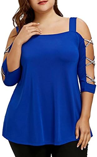 Elogoog Women Shirt Women's Cold Shoulder Half Sleeve Cutout Hollow Blouse Loose Tunic Plus Size Casual Tops Shirt (Blue, XL)