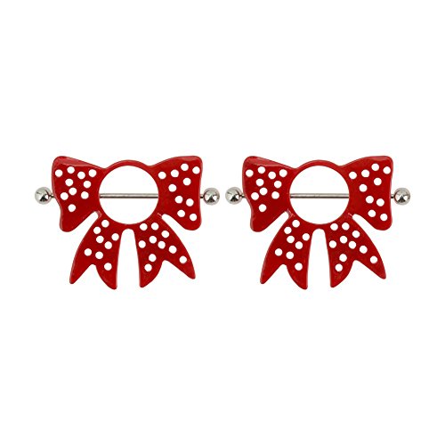 Jewelry Kit Lot Set of 2pcs 316L Surgical Steel 14 Gauge Nipple Piercings Barbells Shields Rings Nipplerings With Red Bowties Decorations